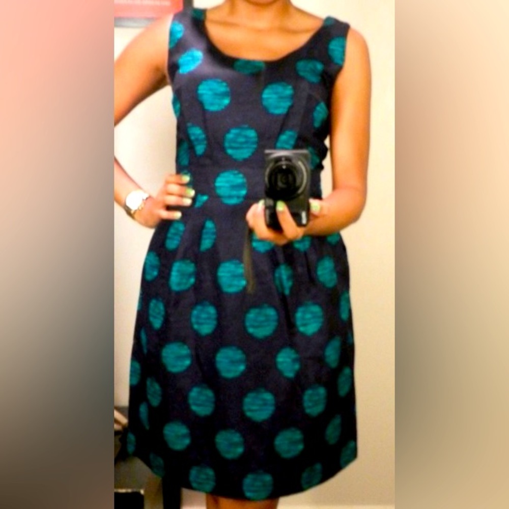 Banana Republic - Dresses - Linen Dress - Navy Blue w/ Green polka dots - Size 8
